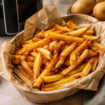 Frites maison croustillantes préparées à l’Air Fryer, servies dans un panier avec sauce crémeuse et ambiance cuisine moderne lumineuse