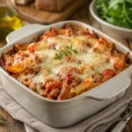 Gratin de pâtes au thon air fryer avec sauce tomate et mozzarella fondante dans un plat familial